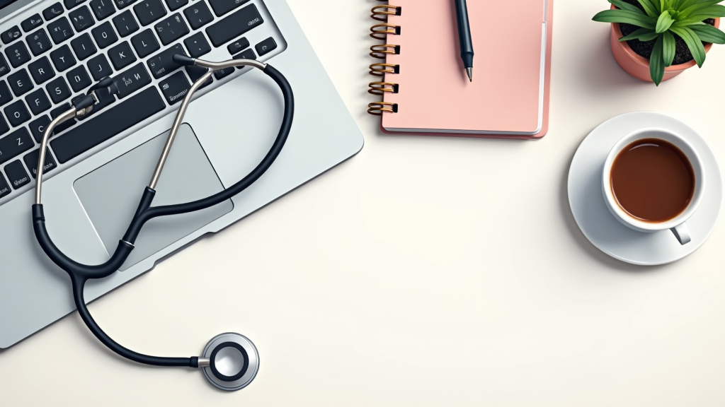 A stethoscope, laptop, and planner on a tidy desk with a warm cup of coffee. Illustration of remote work for nurse practitioners.