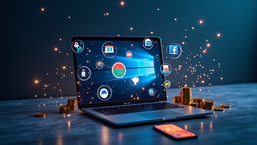 Abstract digital workspace with laptop, tablet, and smartphone