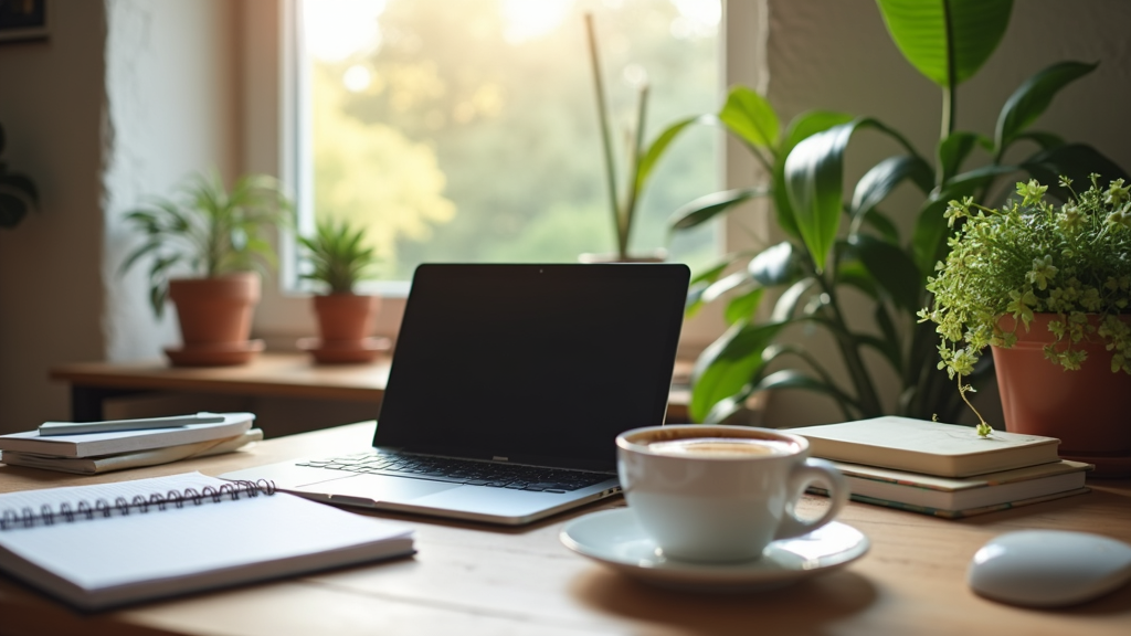 A cozy, tidy home office workspace with a laptop, notebooks, and houseplants. Soft light from a nearby window and a cup of coffee on the table.