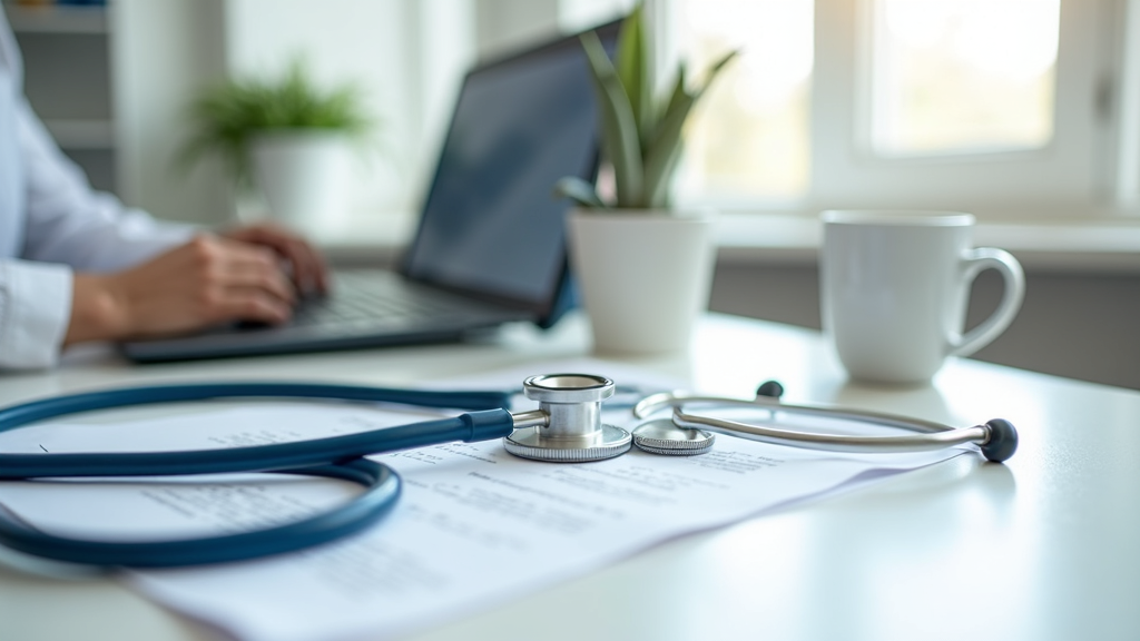 Medical equipment, laptop, stethoscope, and coffee mug on a desk in a bright workspace