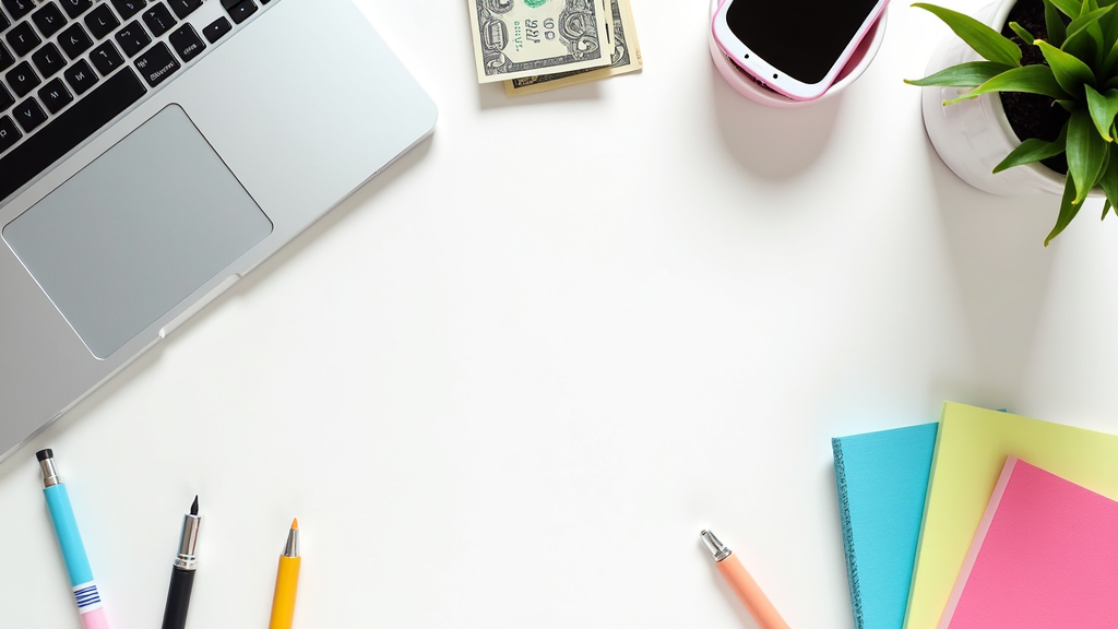Teen side hustle gear, laptop with planner and stack of cash