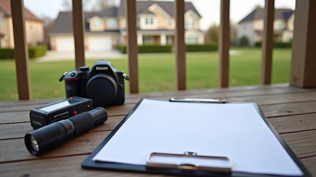 Home Inspector Side Hustle 1 A home inspector reviewing a residential property exterior, with clipboard and tools nearby. Houses and suburban neighborhood scenery in the background.