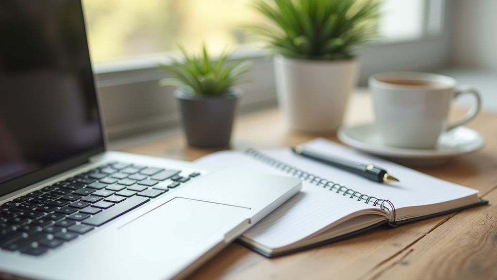 A quiet workspace with a laptop, notebook, coffee cup, and potted plant, symbolizing reflection and decision-making.