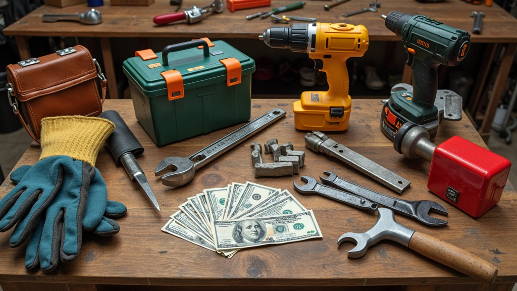 A variety of tools and gadgets arranged on a workbench, with dollar bills nearby