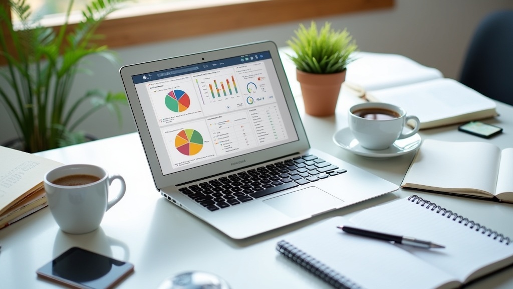 Is Wealthy Affiliate A Scam 1 A desktop with a laptop showing analytics, surrounded by notes and coffee, suggesting online business research.