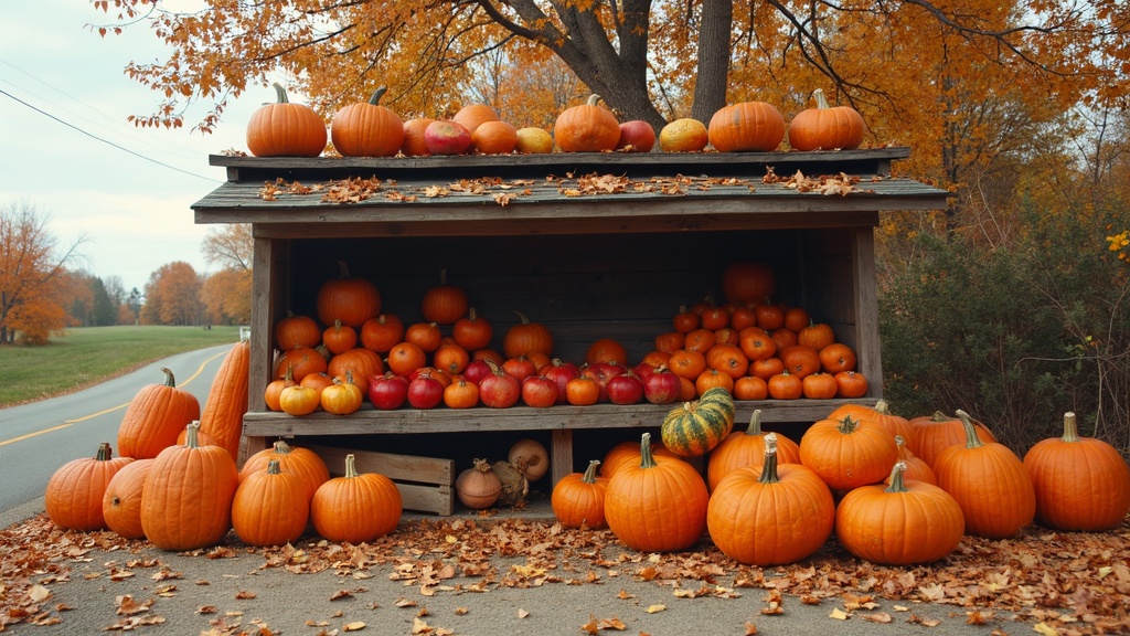 Fall Side Hustles: Top 10 Side Hustles For Fall 2025 1 A tidy roadside farm stand filled with vibrant orange pumpkins, apples, and fall gourds, surrounded by fallen leaves under a crisp autumn sky.