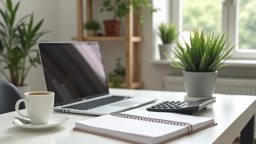 Bookkeeping business setup with a laptop, ledger, calculator, and coffee mug on a home office desk