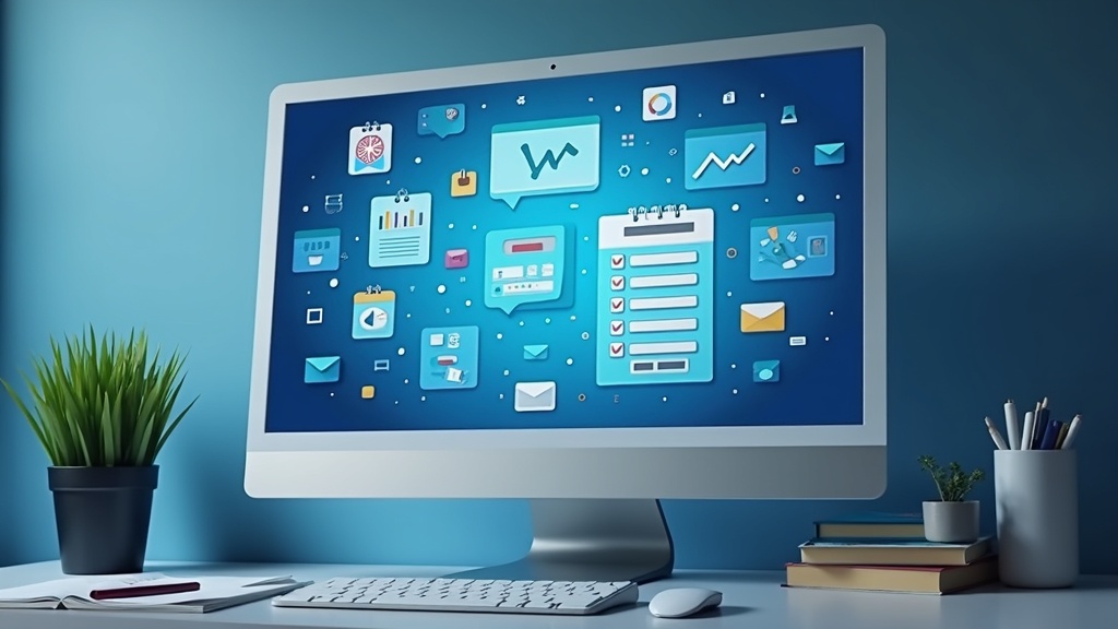 An organized digital desktop with various business and productivity apps, a calendar, and a checklist icons, symbolizing online business management