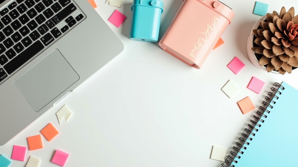 colorful flatlay of affiliate marketing tools like a laptop, product packages, and marketing icons on a bright, clean desk