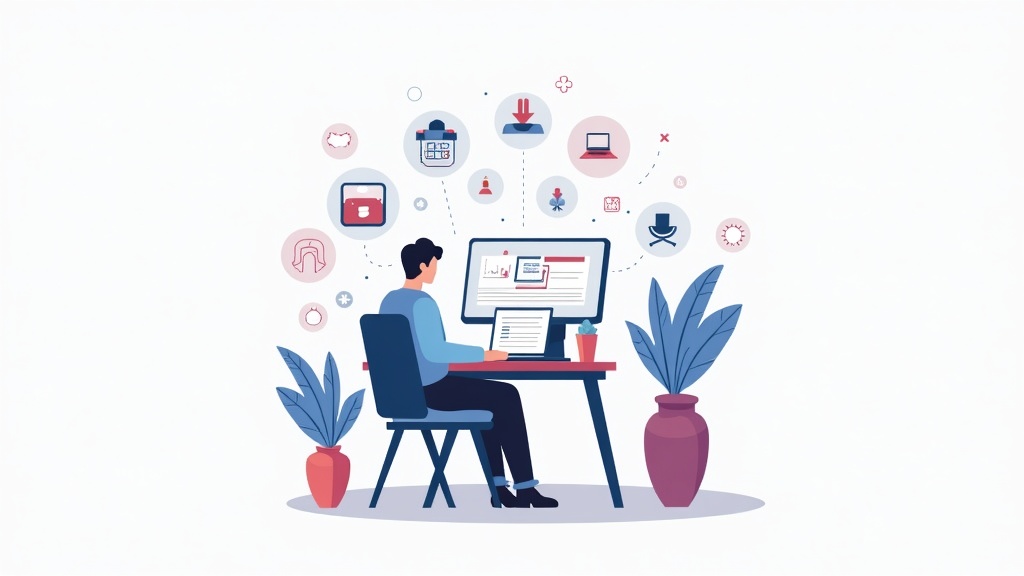 Illustration of a digital marketplace with online business workspace, icons for ecommerce, digital products, subscriptions, and advertising.