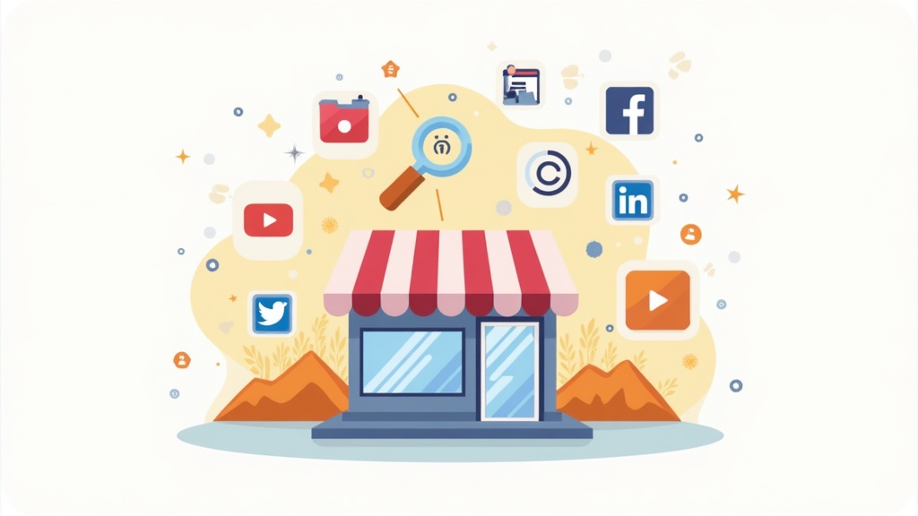 Visibility for small online businesses - concept image of a laptop, a storefront, and digital marketing icons